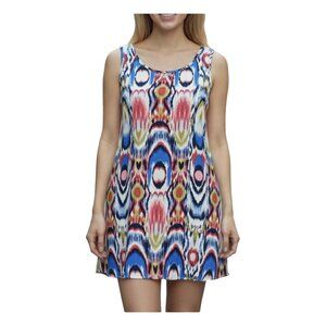 Peach Love‎ Cream Ikat Colorful Sleeveless Keyhole Shift Dress MEDIUM Geometric